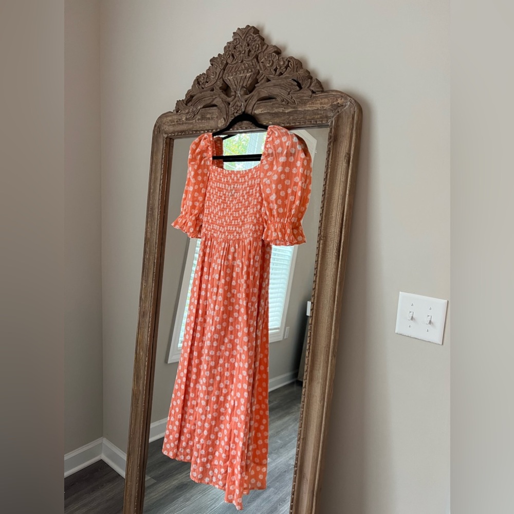 New Look shirred tiered midi in orange pattern size 4 worn once